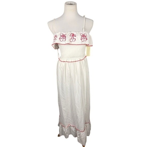 Thirty Dresses & Skirts - Thirty/Thirty L/A Cherry Embroidered Smocked Maxi Dress White Red XS NEW